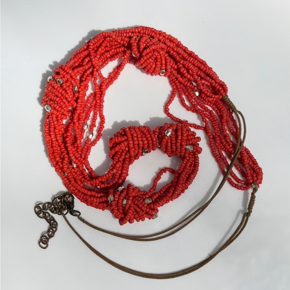 Vintage Multi Strand Glass Bead Necklace Red Gold Knotted 35”